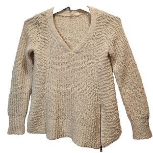 Anthropologie Moth Women`s V-Neck Sweater Size S‎ Beige Chunky Knit Zipper Hem